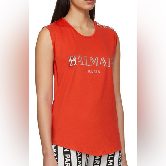 Balmain Red Buttoned Log Sleeveless T-Shirt - Picture 2 of 7